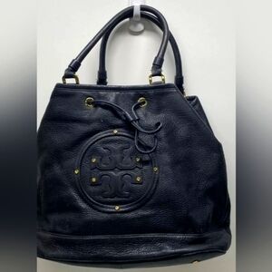 TORY BURCH Black Vintage Maisey Hobo Large Pebbled Leather Shopper Tote Purse